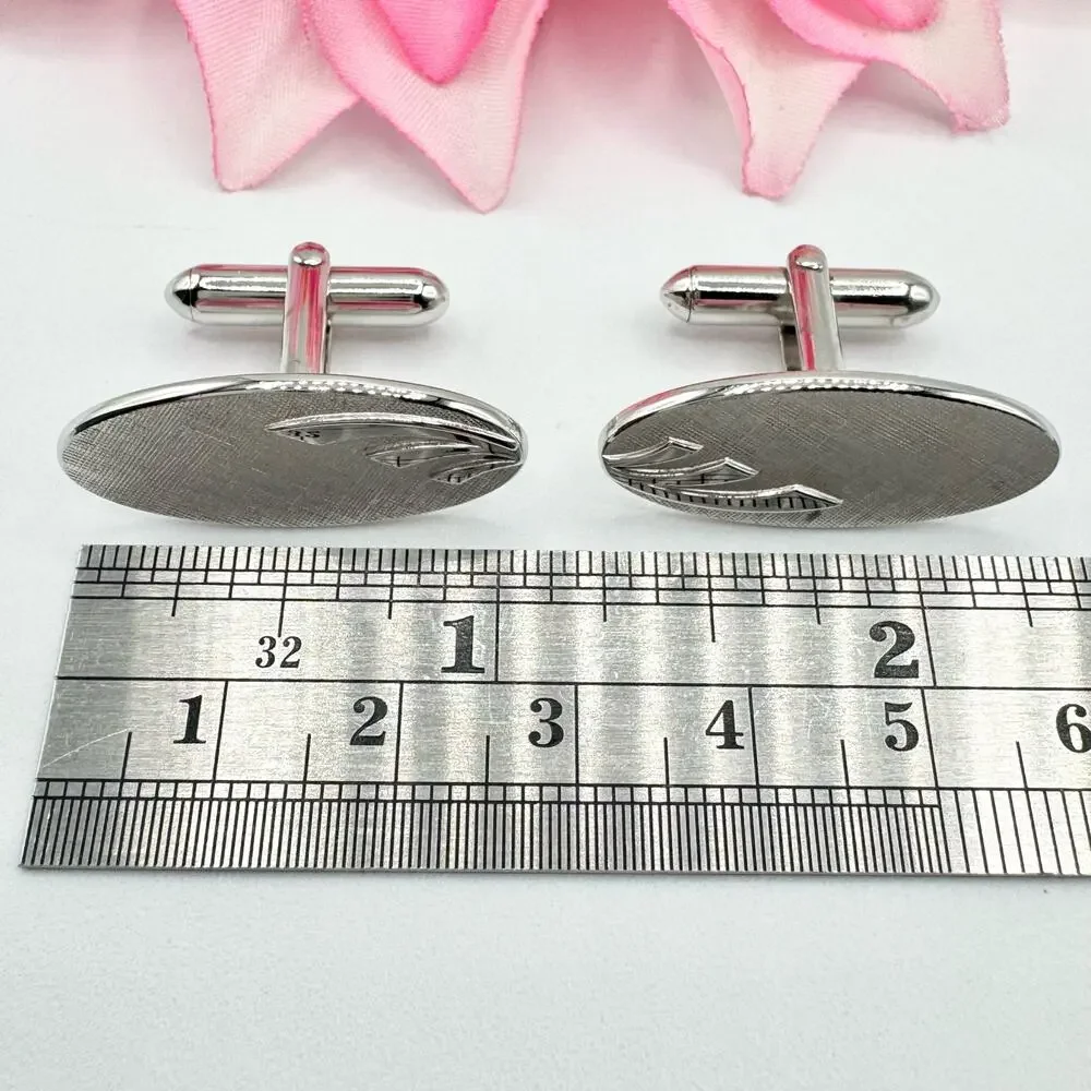 Vintage Swank Cufflinks Matte Shiny Silver Tone Oval Signed Textured Retro Cool